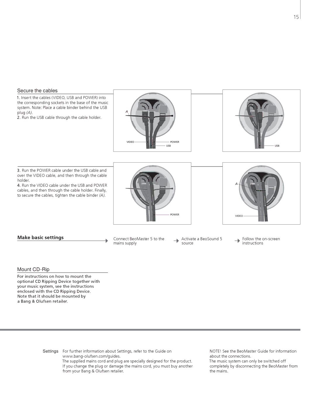 Bang & Olufsen 5 manual Secure the cables …, Make basic settings Mount CD-Rip 